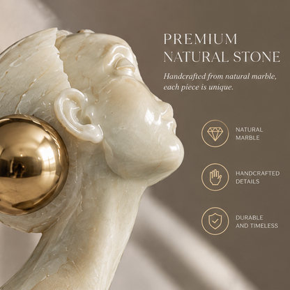 Side profile close-up of marble female face with gold sphere — Premium Natural Stone, Handcrafted from natural marble, each piece is unique. Natural Marble, Handcrafted Details, Durable and Timeless