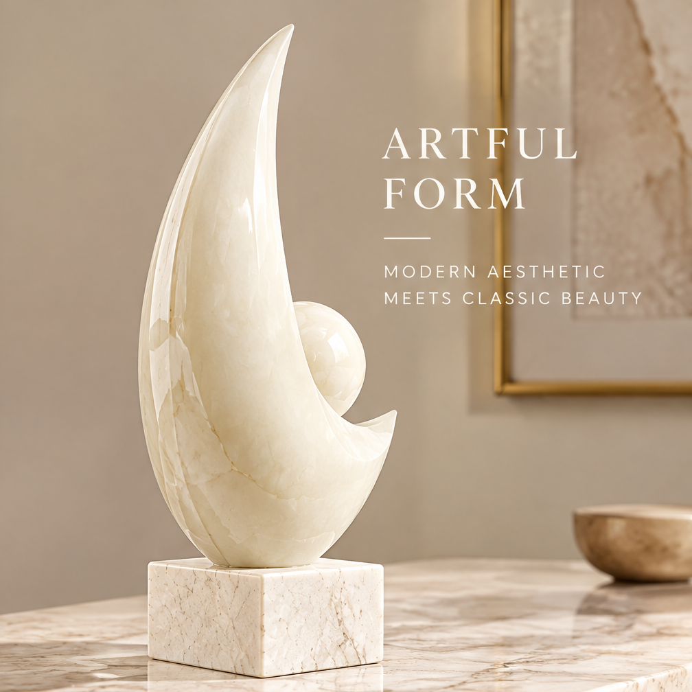 Side view of abstract crescent stone sculpture with gold frame and brass bowl — Artful Form, Modern Aesthetic Meets Classic Beauty
