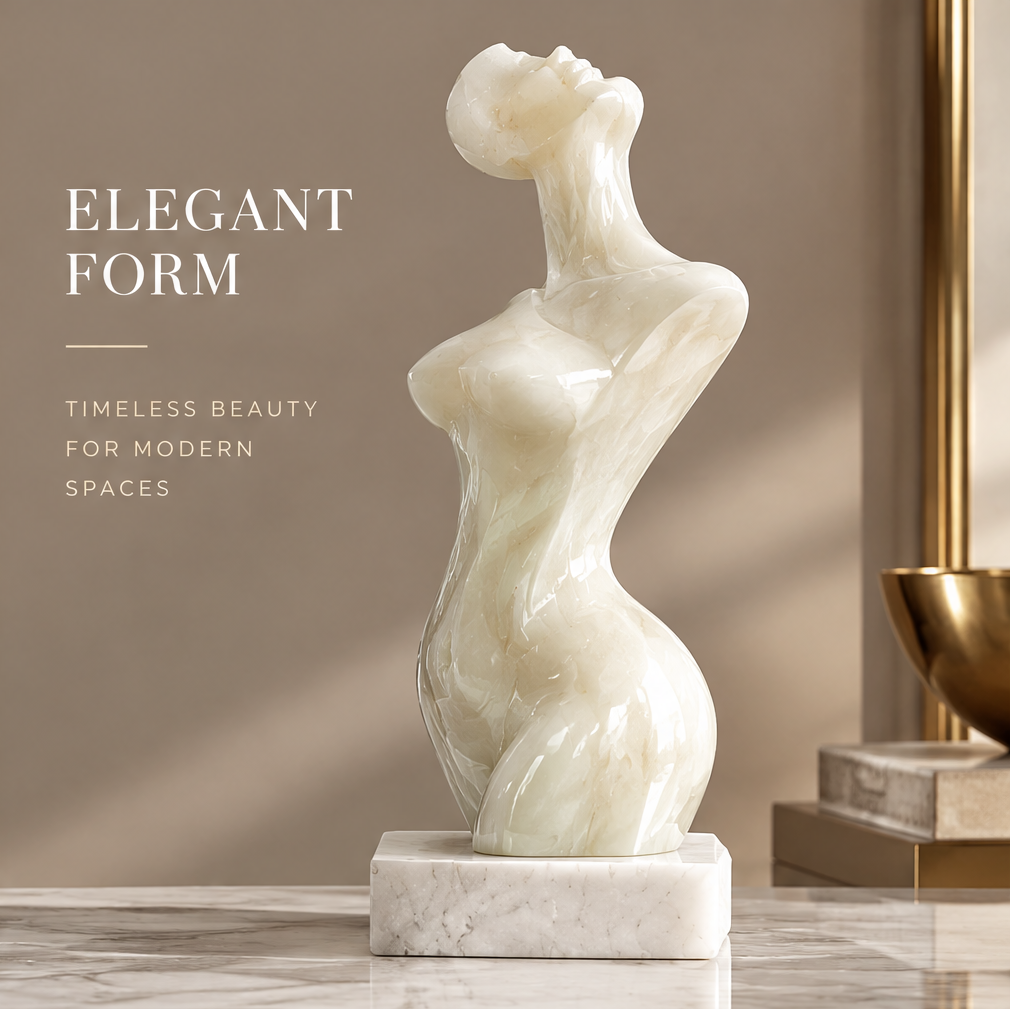 Scene view of marble female torso sculpture with warm interior background — Elegant Form, Timeless Beauty for Modern Spaces