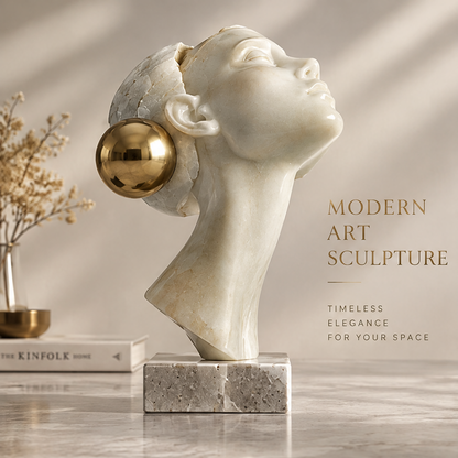 Marble female bust sculpture with gold sphere detail on marble base in styled interior — Modern Art Sculpture, Timeless Elegance for Your Space