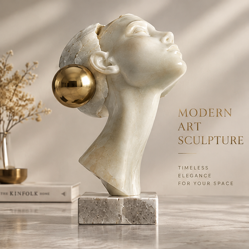Marble female bust sculpture with gold sphere detail on marble base in styled interior — Modern Art Sculpture, Timeless Elegance for Your Space