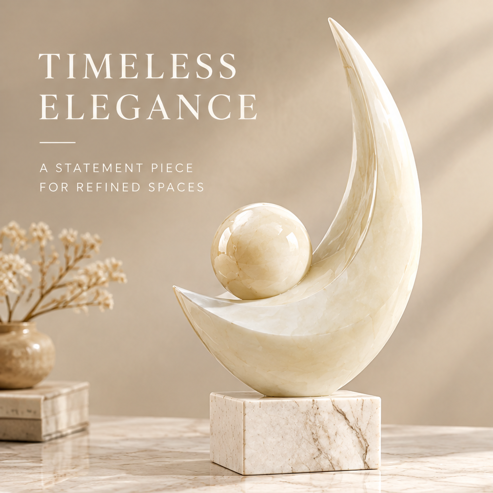 Abstract crescent and sphere stone sculpture with dried botanicals in soft light — Timeless Elegance, A Statement Piece for Refined Spaces