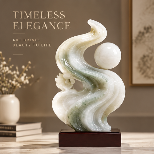 Abstract jade S-wave sculpture with white sphere on marble surface with white vase and Chinese painting backdrop — Timeless Elegance, Art Brings Beauty to Life