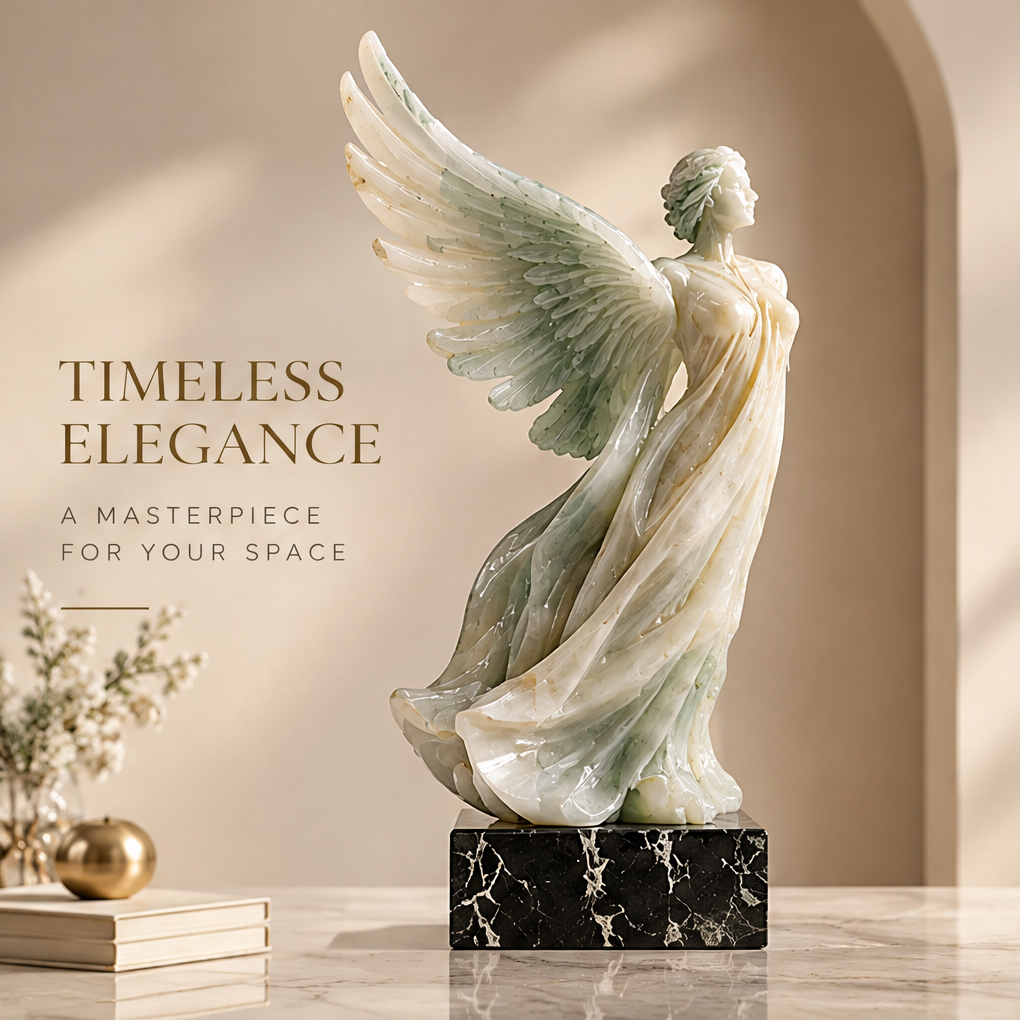 Natural jade winged angel goddess sculpture on marble surface with arched backdrop, botanicals, and gold apple — Timeless Elegance, A Masterpiece for Your Space