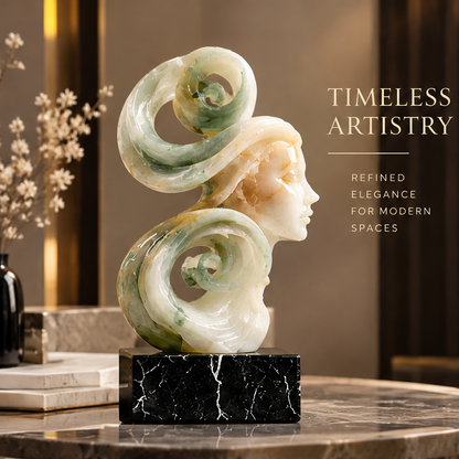 Jade goddess face dual-spiral sculpture on marble table with white florals and gold backdrop — Timeless Artistry, Refined Elegance for Modern Spaces