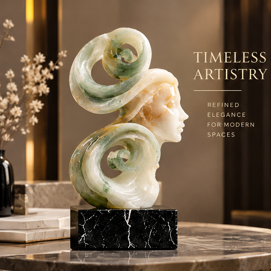Jade goddess face dual-spiral sculpture on marble table with white florals and gold backdrop — Timeless Artistry, Refined Elegance for Modern Spaces