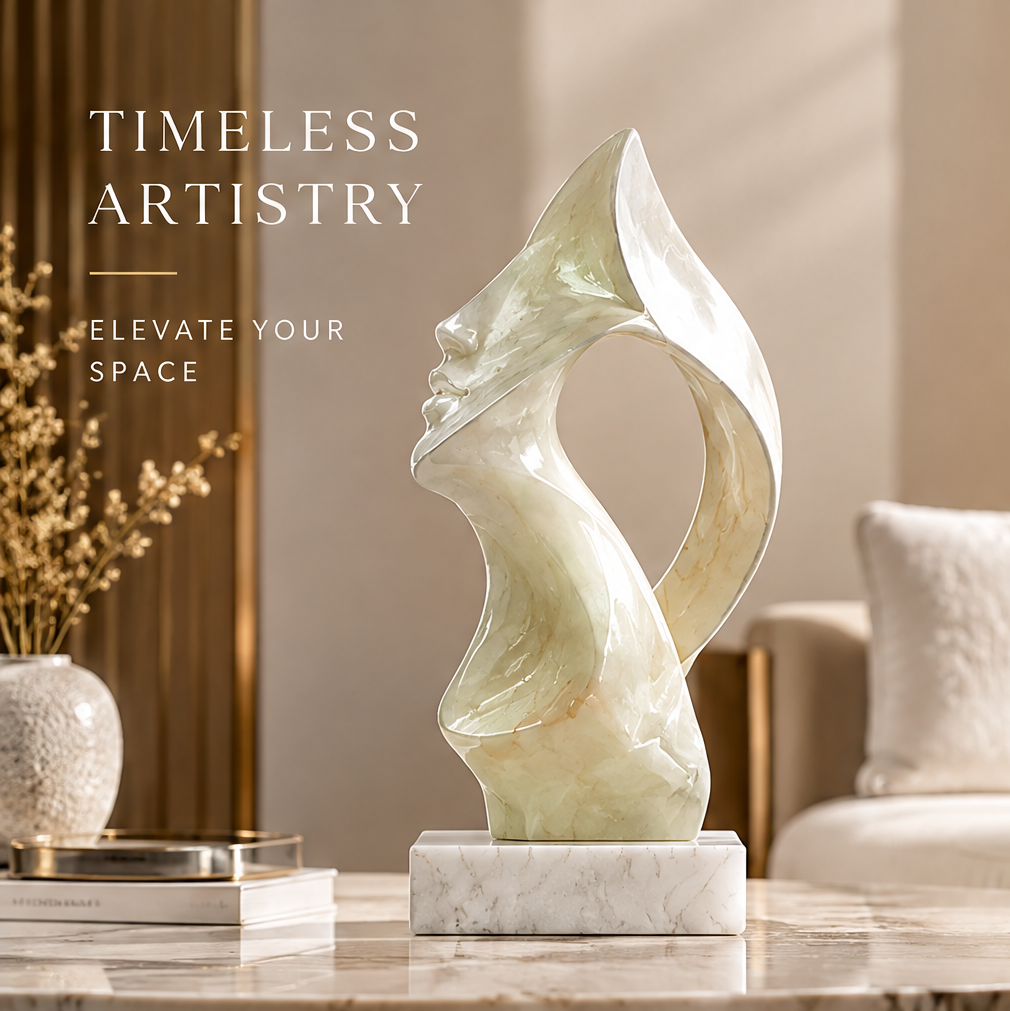 Abstract face marble sculpture in luxurious living room setting — Timeless Artistry, Elevate Your Space