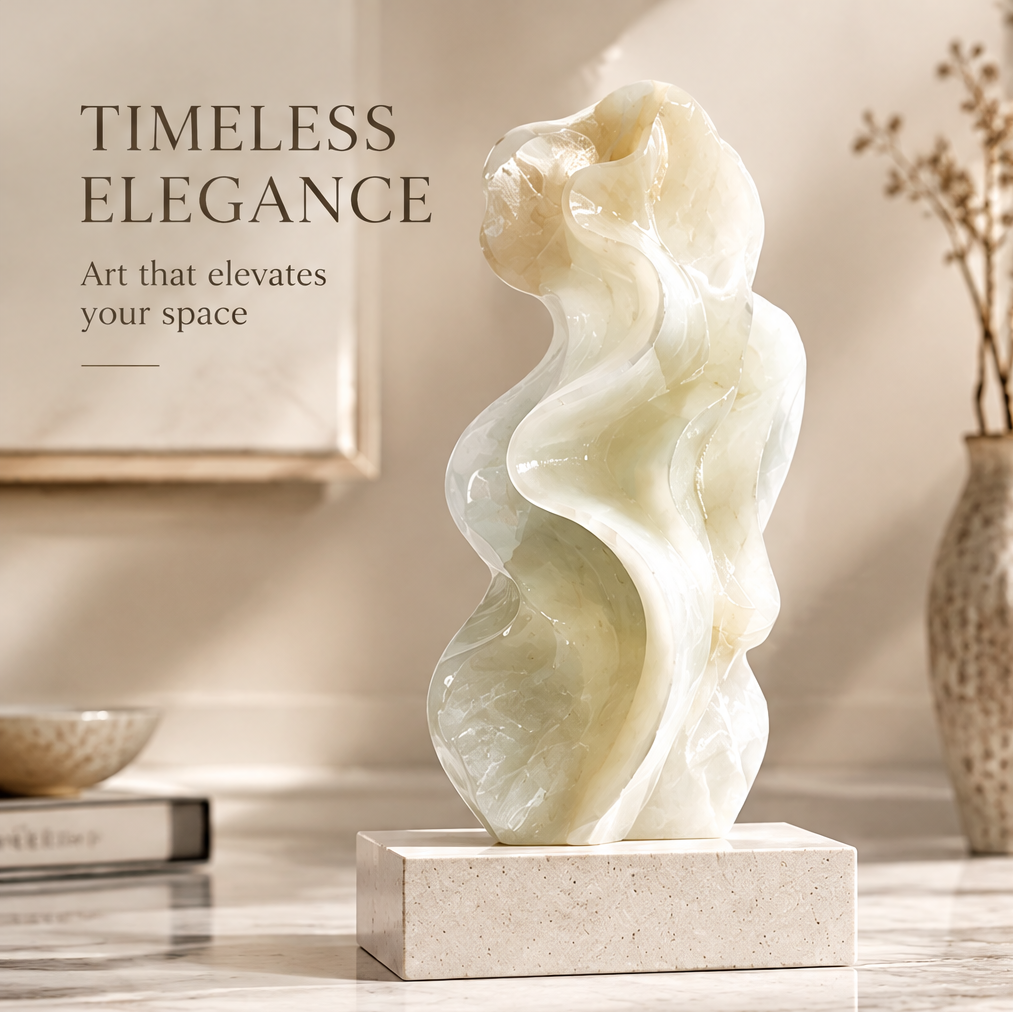 Abstract wave natural stone sculpture in Scandinavian interior with dried botanicals — Timeless Elegance, Art that elevates your space