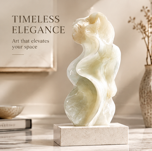 Abstract wave natural stone sculpture in Scandinavian interior with dried botanicals — Timeless Elegance, Art that elevates your space