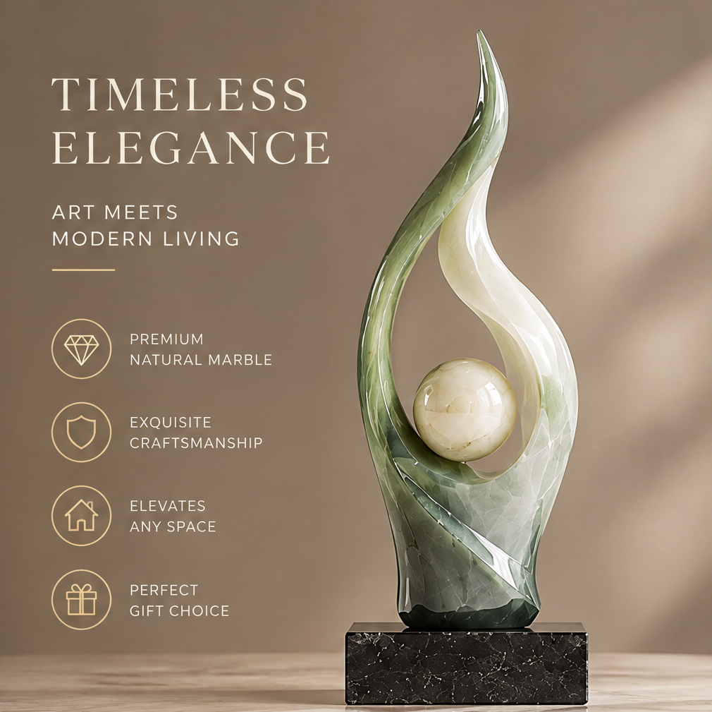 Flame form natural marble sculpture on black marble base — Timeless Elegance, Art Meets Modern Living. Premium Natural Marble, Exquisite Craftsmanship, Elevates Any Space, Perfect Gift Choice