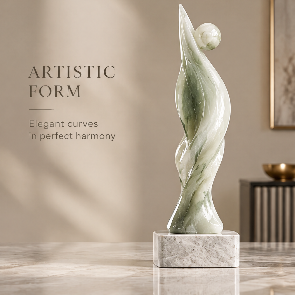 Abstract figure sculpture on marble base in living room setting — Artistic Form, Elegant Curves in Perfect Harmony
