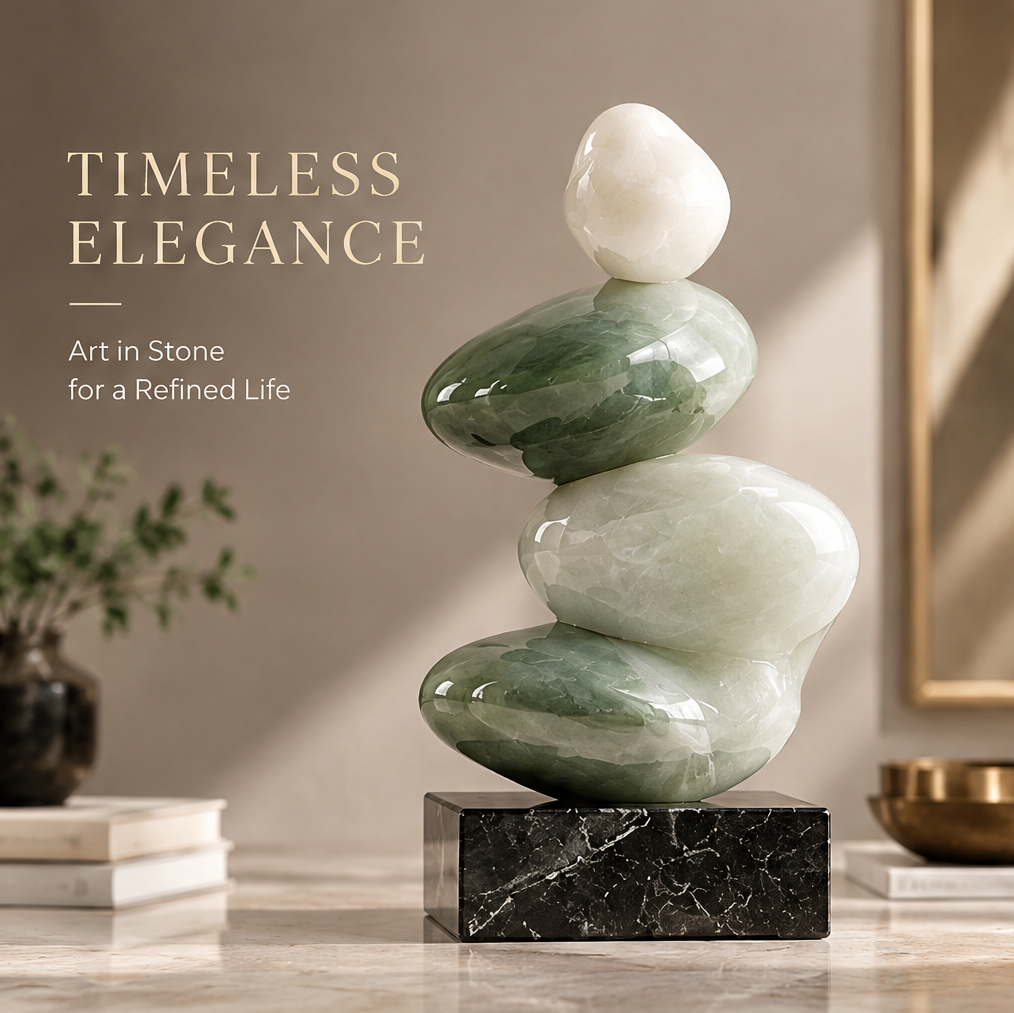 Full scene view of stacked jade stone sculpture on black marble base — Timeless Elegance, Art in Stone for a Refined Life
