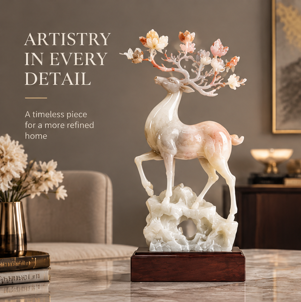 Jade deer with floral antler tree on marble dining table — Artistry in Every Detail, A Timeless Piece for a More Refined Home