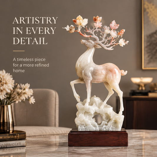 Jade deer with floral antler tree on marble dining table — Artistry in Every Detail, A Timeless Piece for a More Refined Home