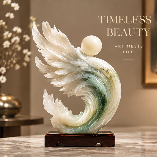 Abstract jade wing-wave sculpture with cream sphere on marble surface with white florals and gold accessories — Timeless Beauty, Art Meets Life